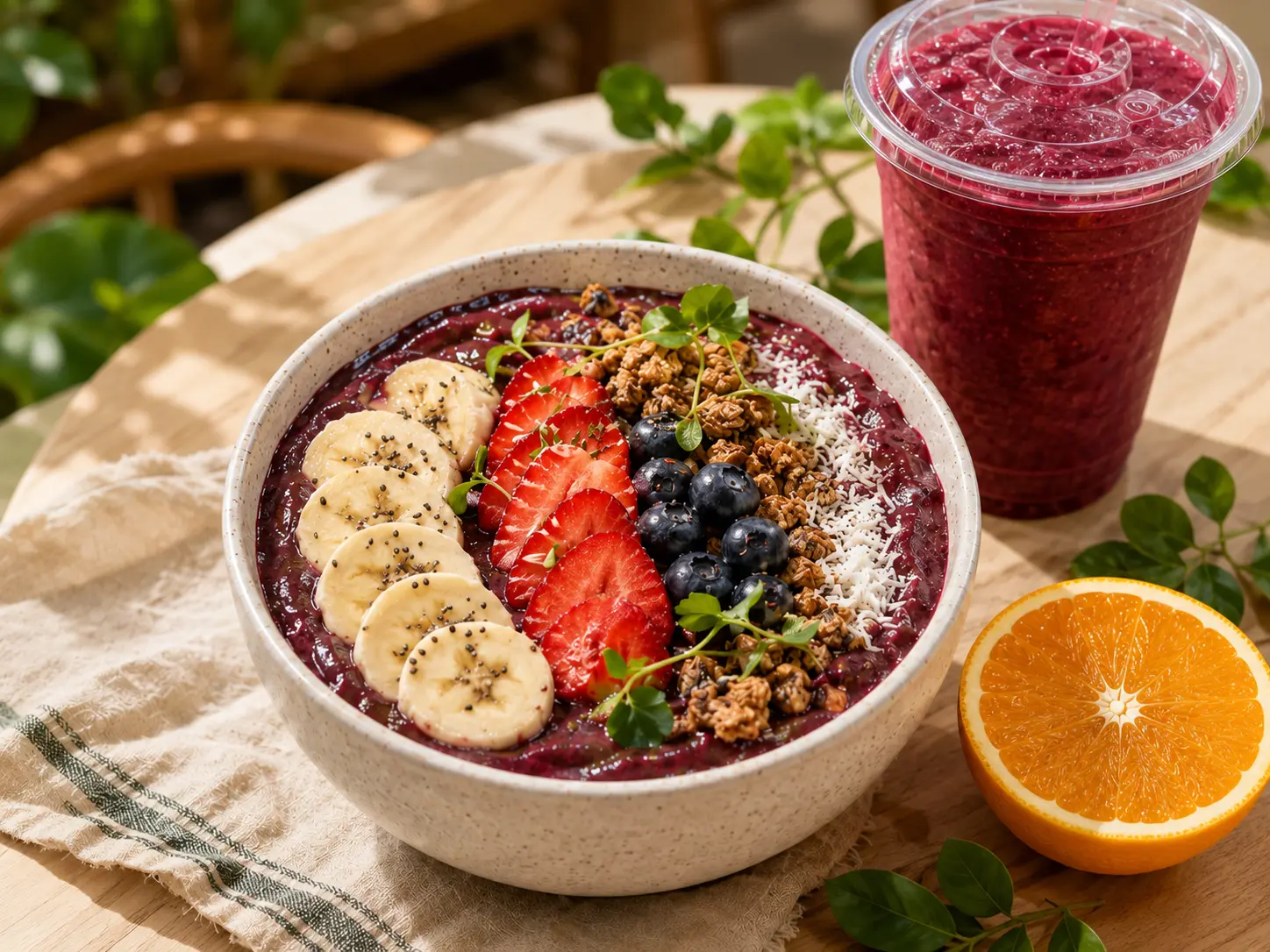 A colorful açaí bowl topped with fruit beside a beet smoothie